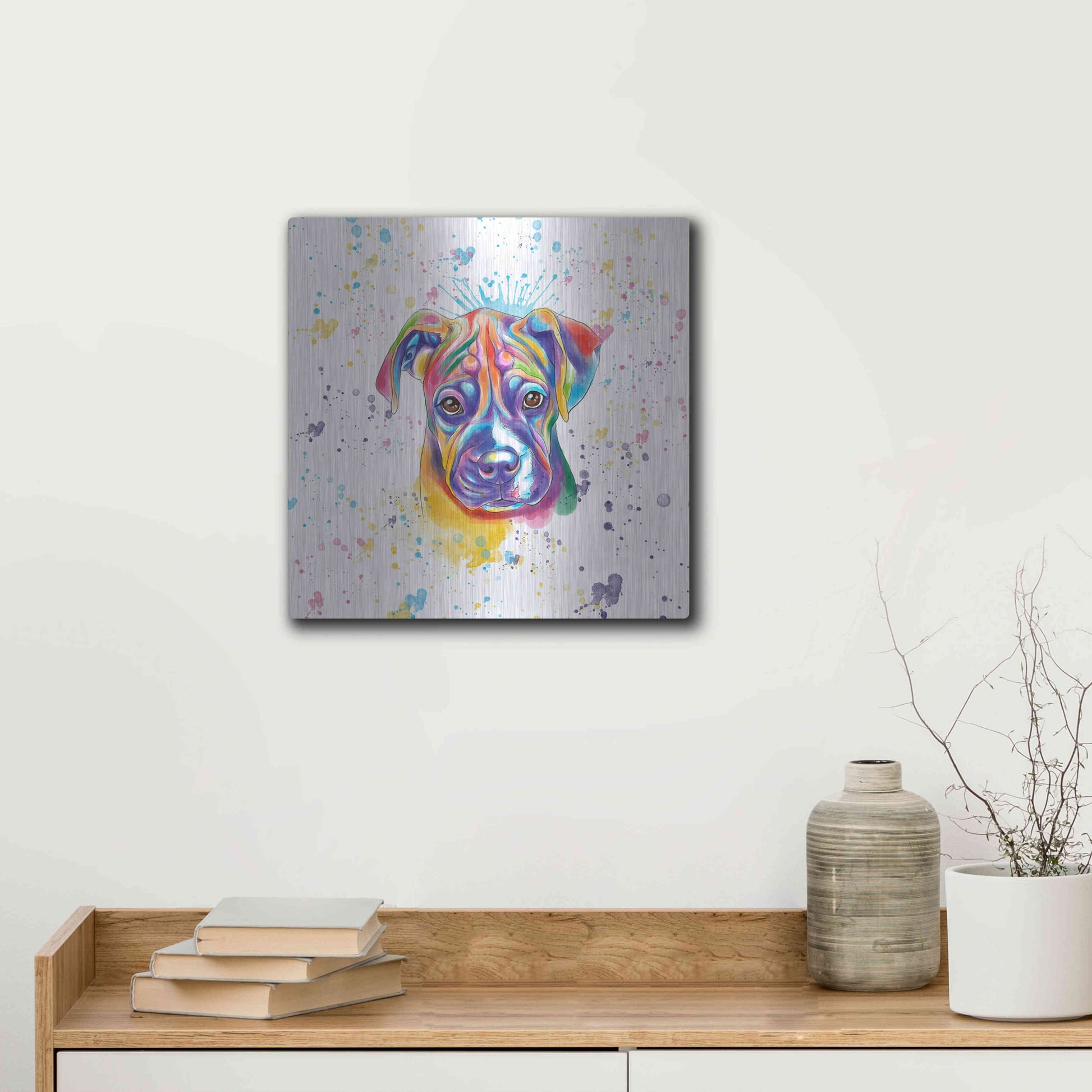 Luxe Metal Art 'Colorful Watercolor Boxer 2' by Furbaby Affiliates, Metal Wall Art,12x12