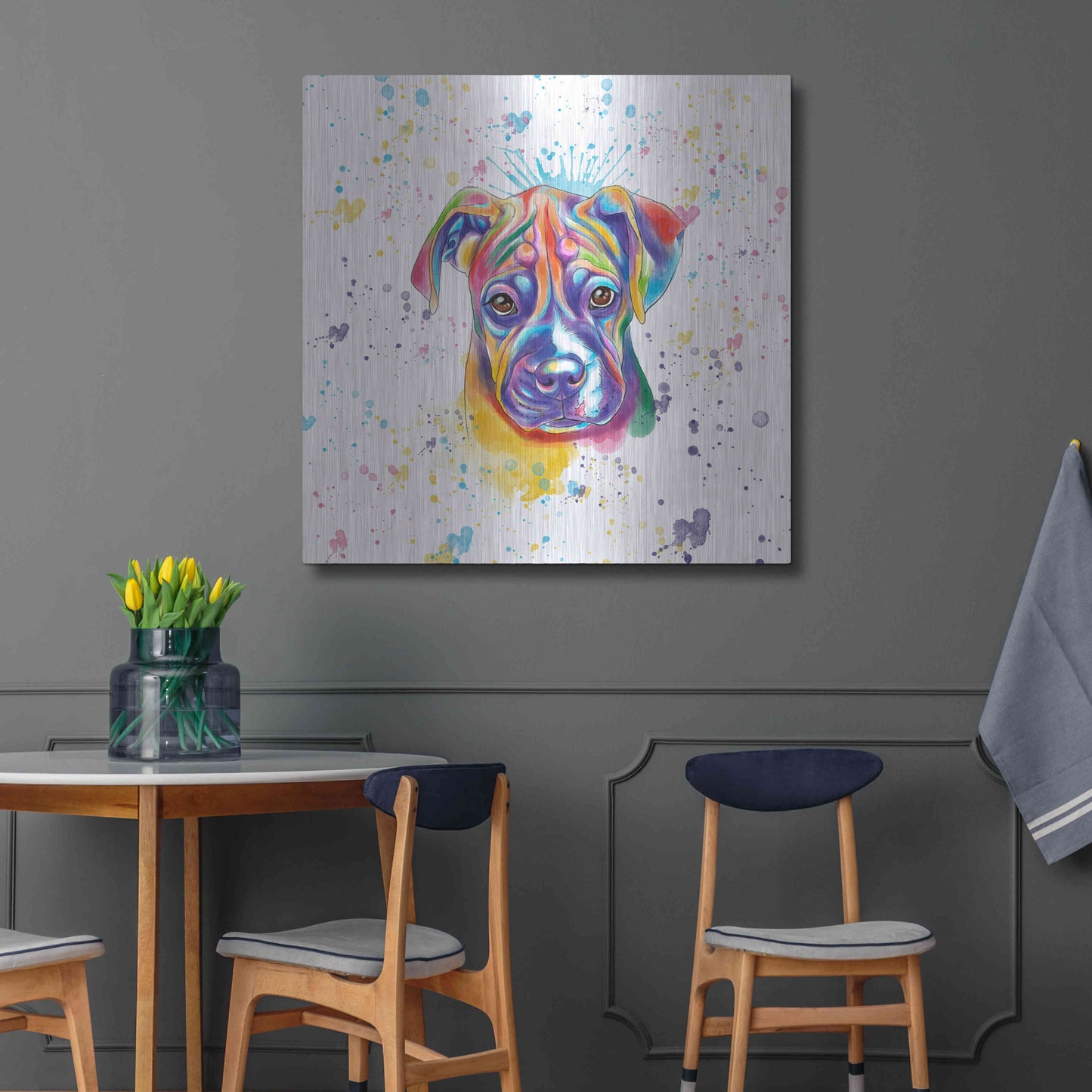 Luxe Metal Art 'Colorful Watercolor Boxer 2' by Furbaby Affiliates, Metal Wall Art,36x36