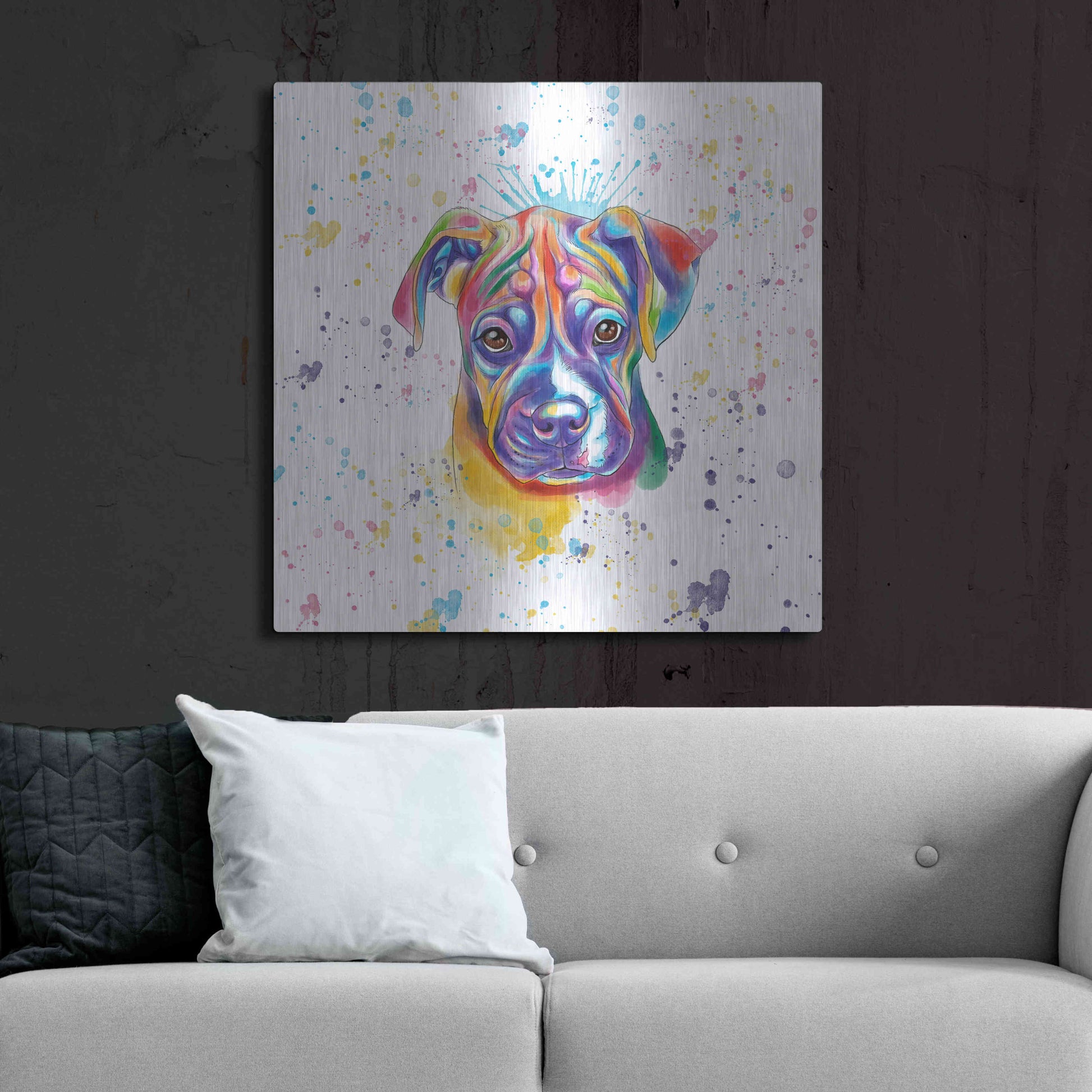 Luxe Metal Art 'Colorful Watercolor Boxer 2' by Furbaby Affiliates, Metal Wall Art,36x36