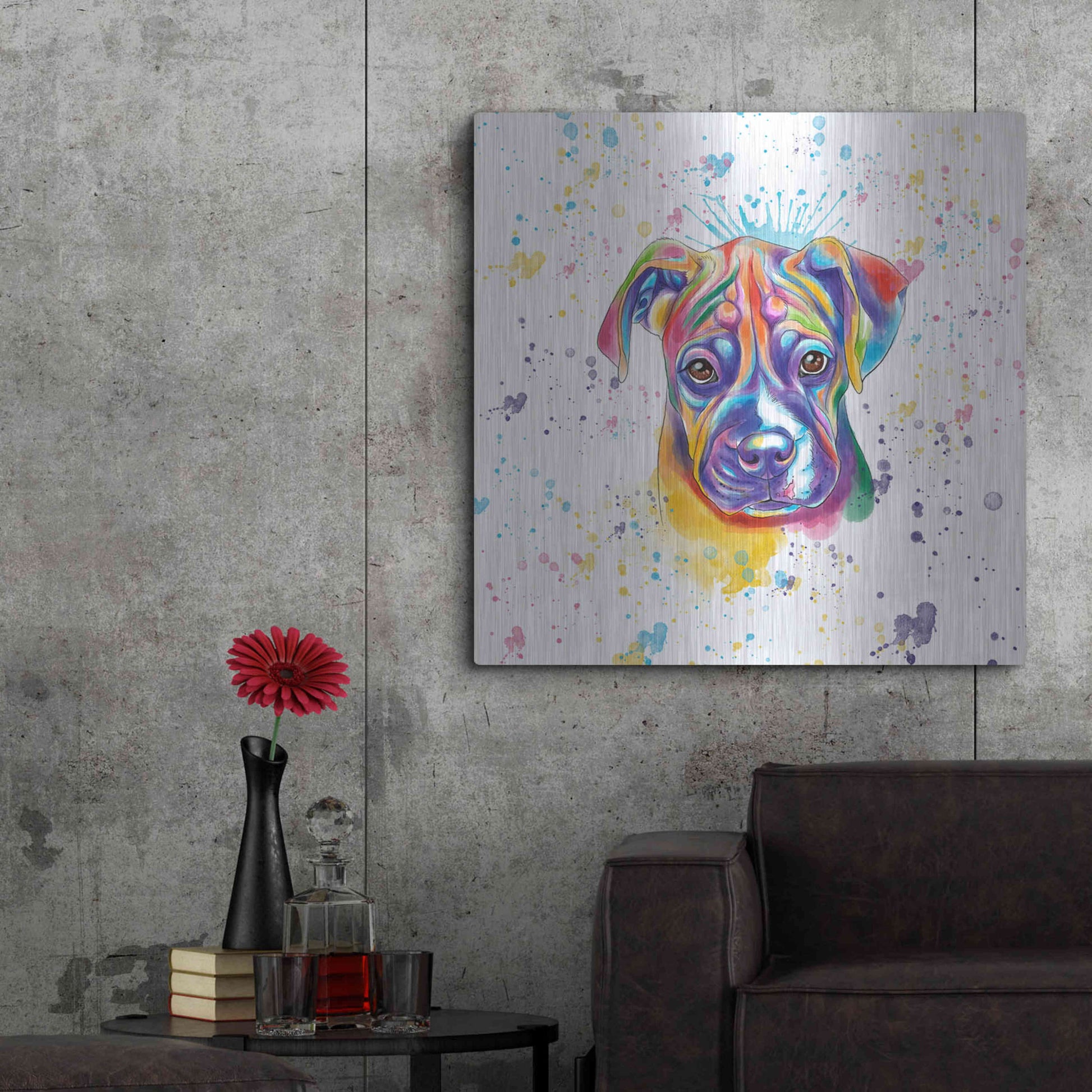 Luxe Metal Art 'Colorful Watercolor Boxer 2' by Furbaby Affiliates, Metal Wall Art,36x36