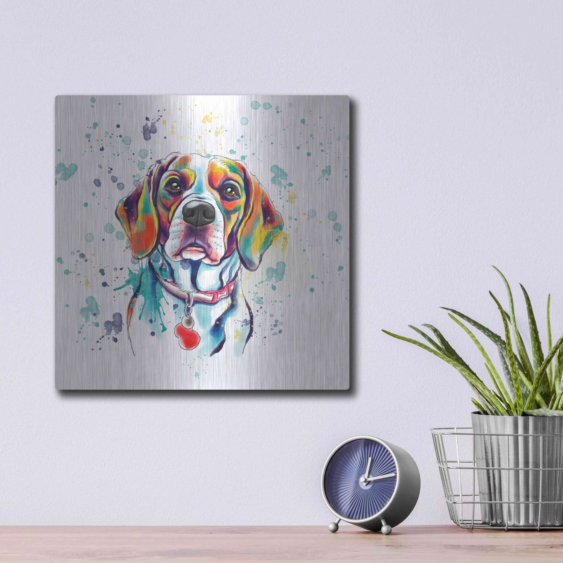 Luxe Metal Art 'Colorful Watercolor Beagle 2' by Furbaby Affiliates, Metal Wall Art,12x12