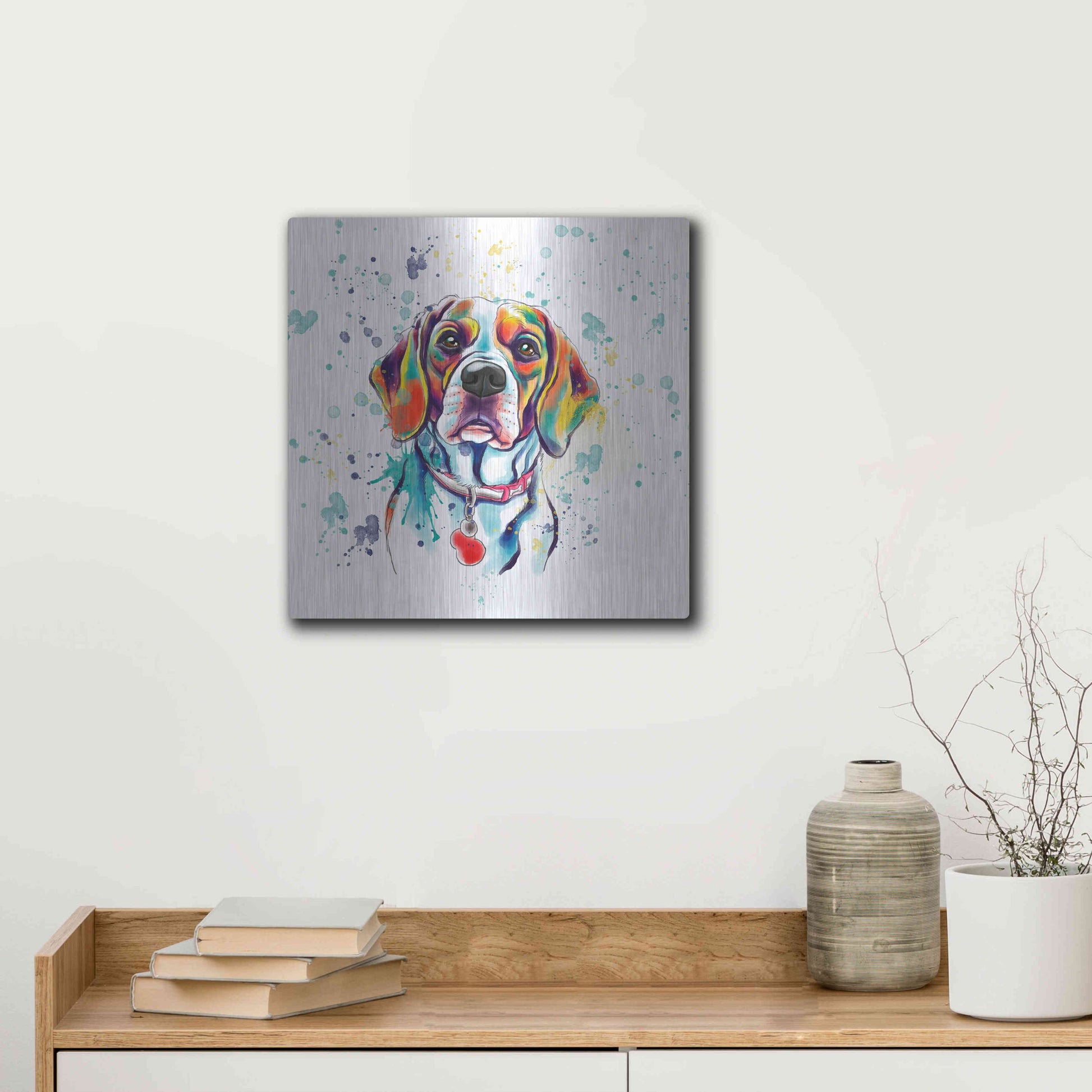 Luxe Metal Art 'Colorful Watercolor Beagle 2' by Furbaby Affiliates, Metal Wall Art,12x12