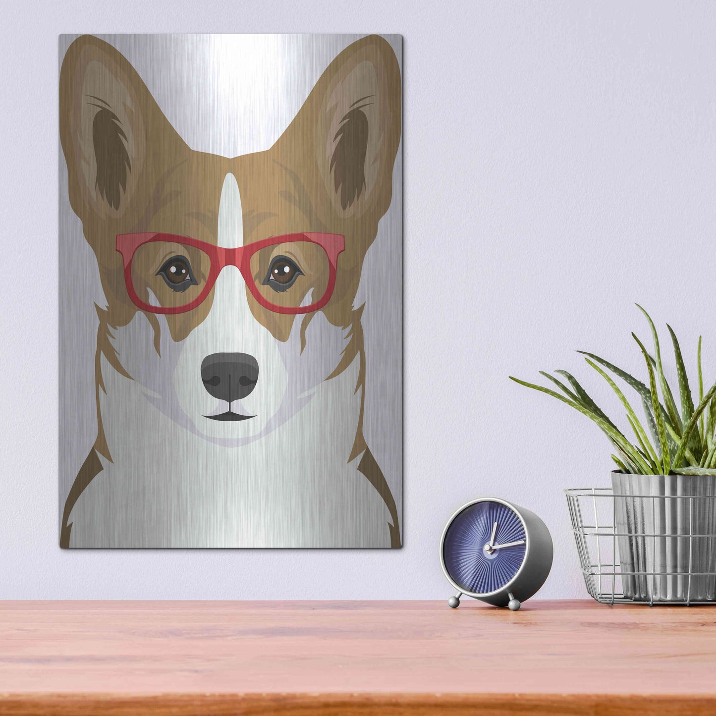 Luxe Metal Art 'Corgi Wearing Hipster Glasses 2' by Furbaby Affiliates, Metal Wall Art,12x16