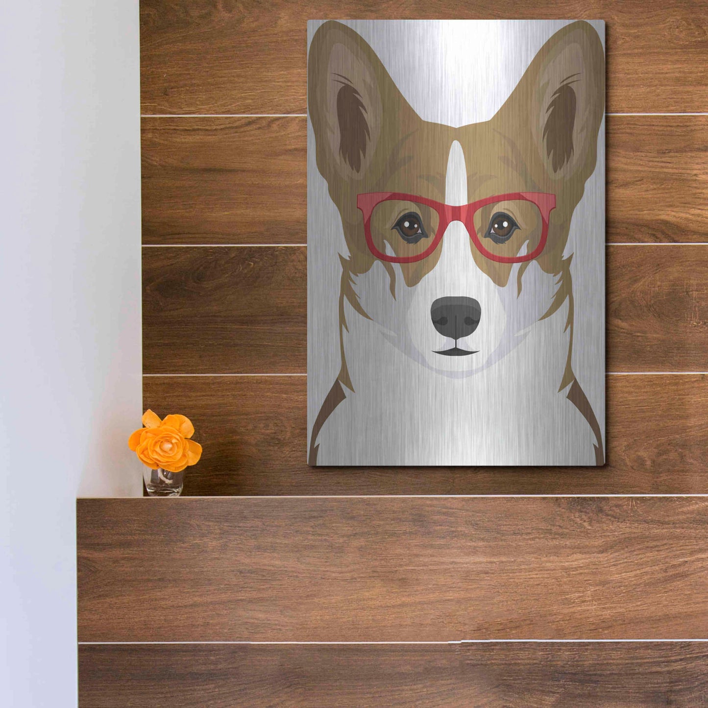 Luxe Metal Art 'Corgi Wearing Hipster Glasses 2' by Furbaby Affiliates, Metal Wall Art,12x16