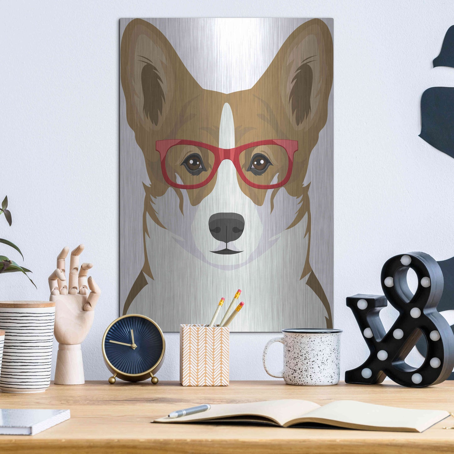 Luxe Metal Art 'Corgi Wearing Hipster Glasses 2' by Furbaby Affiliates, Metal Wall Art,12x16