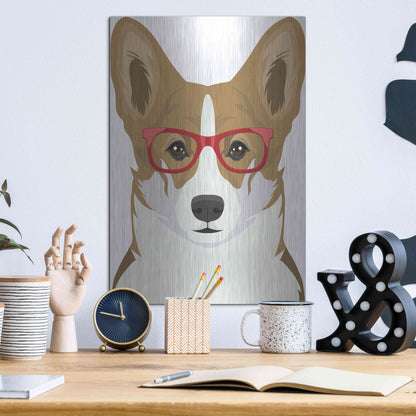 Luxe Metal Art 'Corgi Wearing Hipster Glasses 2' by Furbaby Affiliates, Metal Wall Art,12x16