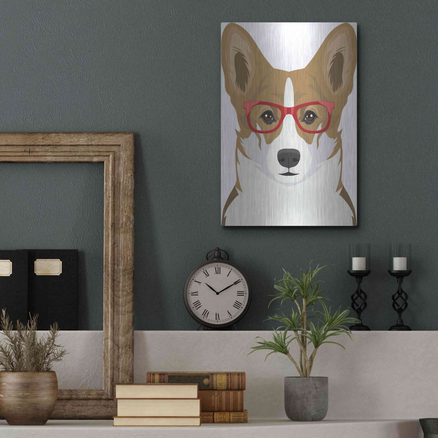 Luxe Metal Art 'Corgi Wearing Hipster Glasses 2' by Furbaby Affiliates, Metal Wall Art,12x16