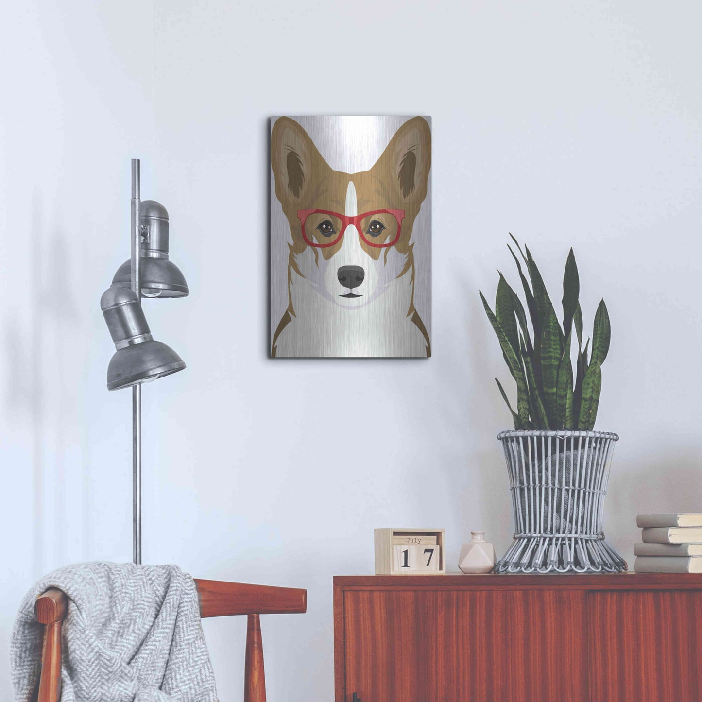 Luxe Metal Art 'Corgi Wearing Hipster Glasses 2' by Furbaby Affiliates, Metal Wall Art,16x24