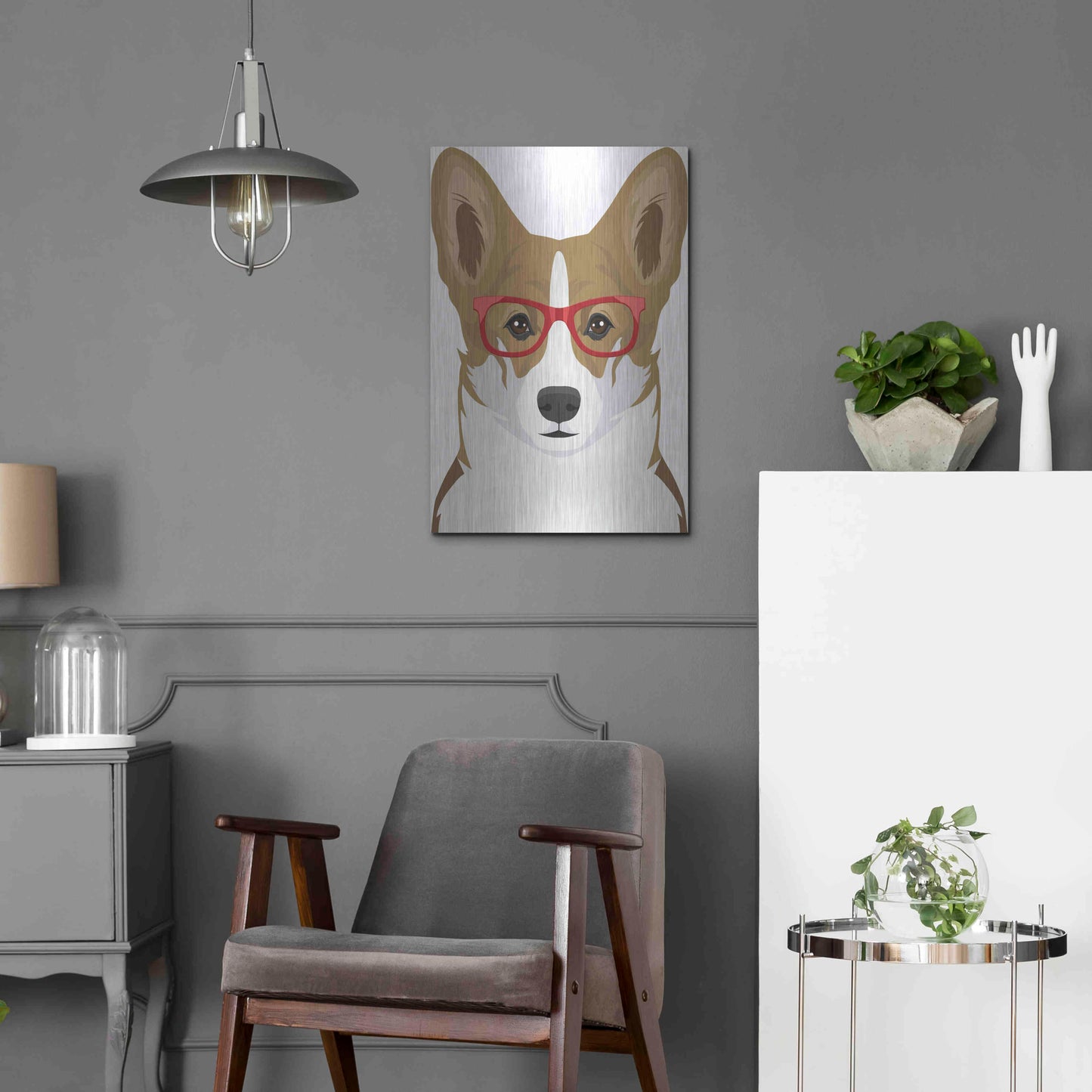 Luxe Metal Art 'Corgi Wearing Hipster Glasses 2' by Furbaby Affiliates, Metal Wall Art,16x24