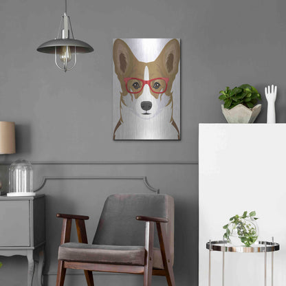 Luxe Metal Art 'Corgi Wearing Hipster Glasses 2' by Furbaby Affiliates, Metal Wall Art,16x24