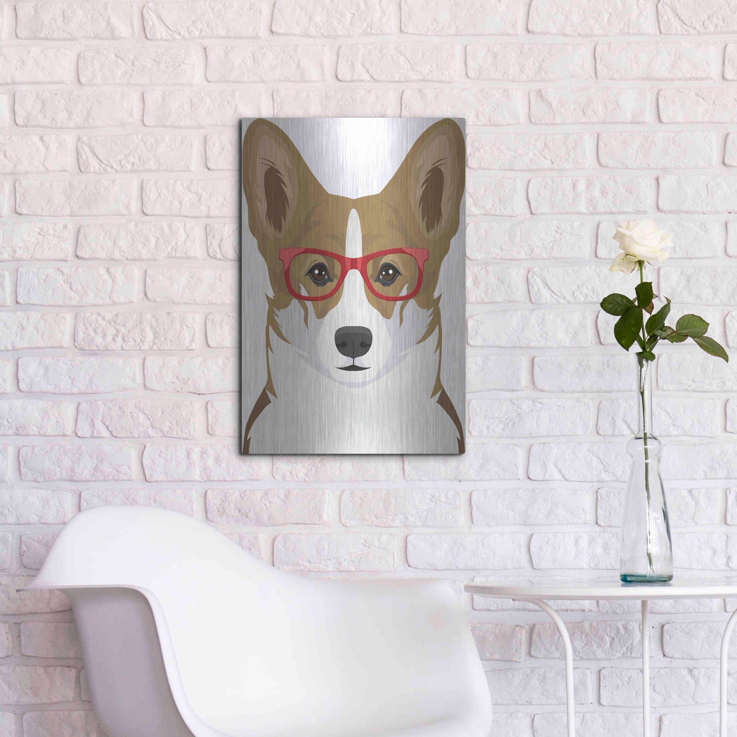 Luxe Metal Art 'Corgi Wearing Hipster Glasses 2' by Furbaby Affiliates, Metal Wall Art,16x24