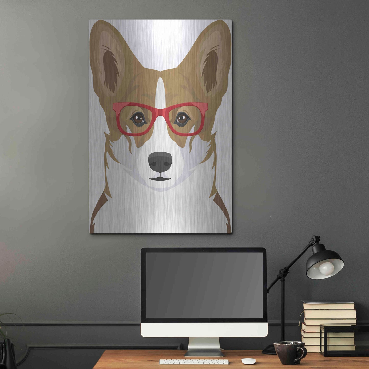 Luxe Metal Art 'Corgi Wearing Hipster Glasses 2' by Furbaby Affiliates, Metal Wall Art,24x36