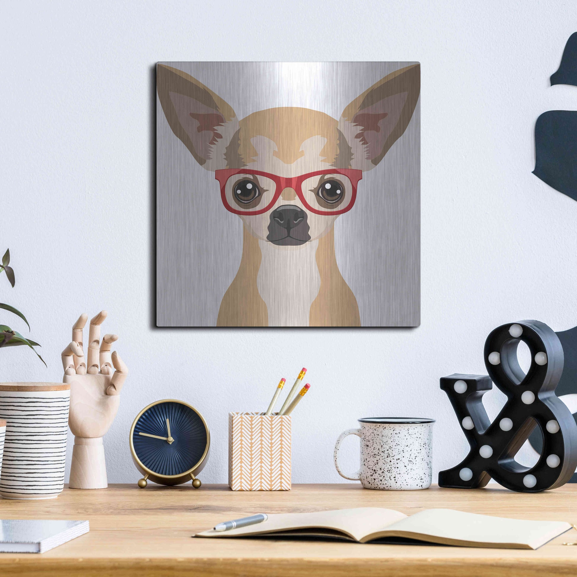 Luxe Metal Art 'Chihuahua Wearing Hipster Glasses' by Furbaby Affiliates, Metal Wall Art,12x12