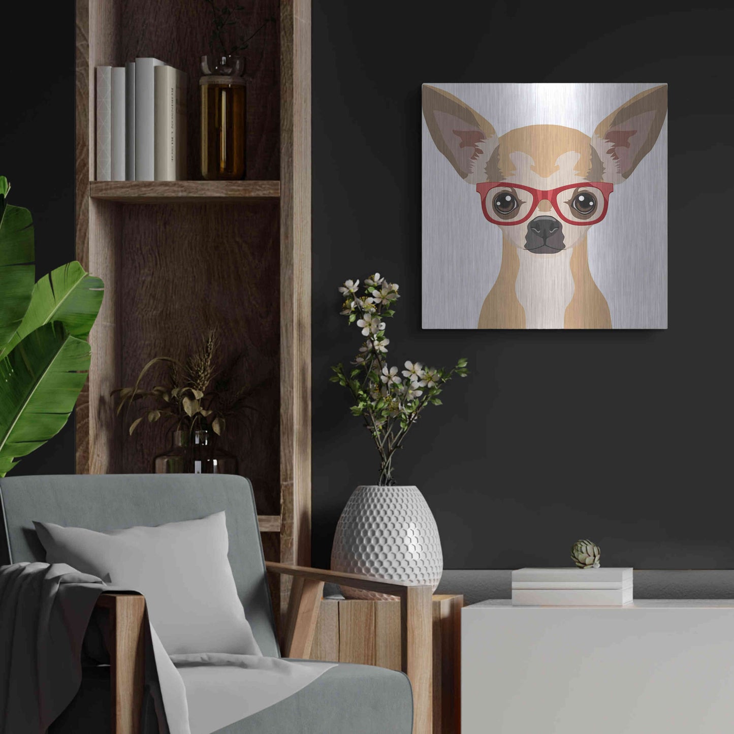 Luxe Metal Art 'Chihuahua Wearing Hipster Glasses' by Furbaby Affiliates, Metal Wall Art,24x24