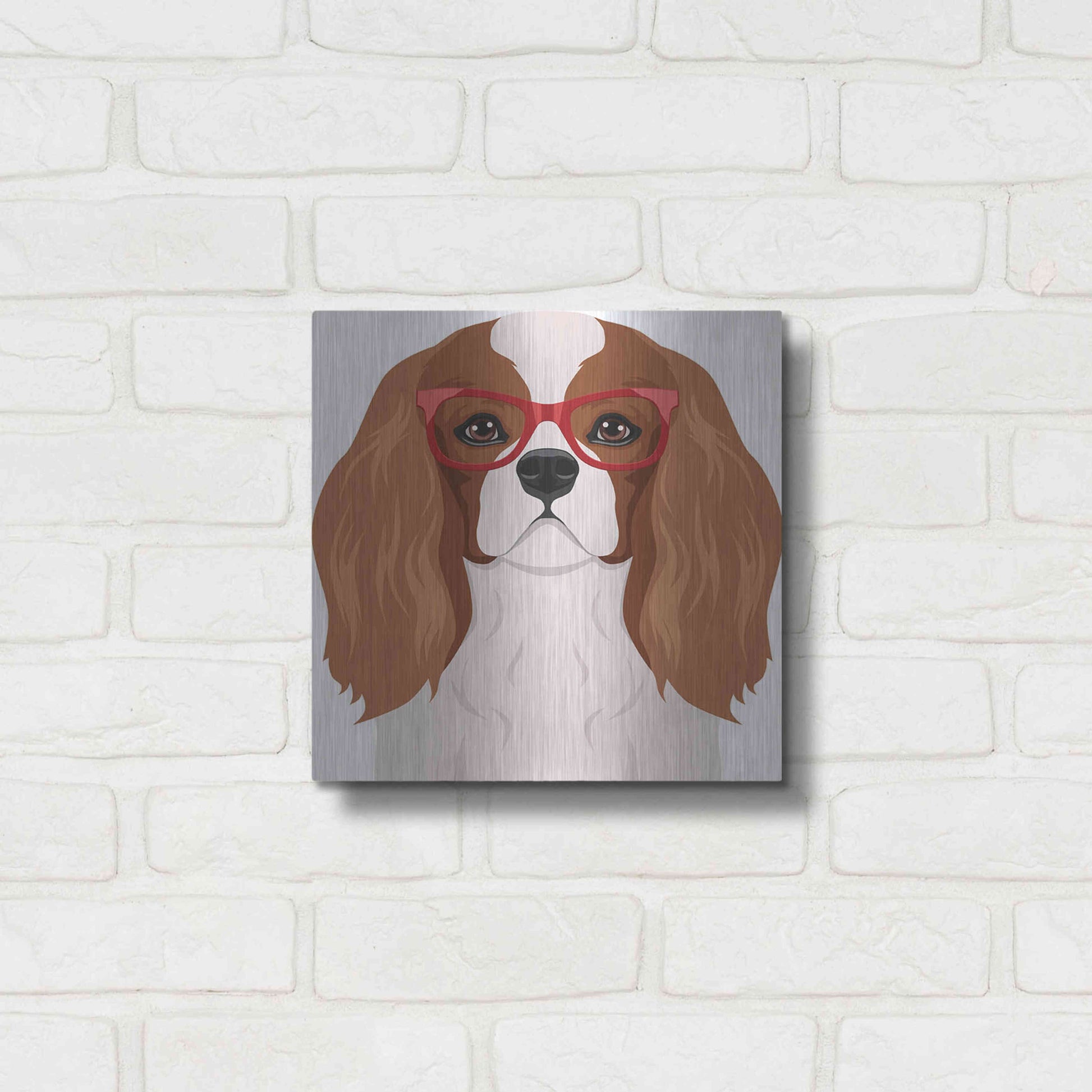 Luxe Metal Art 'Cavalier King Charles Spaniel Wearing Hipster Glasses' by Furbaby Affiliates, Metal Wall Art,12x12