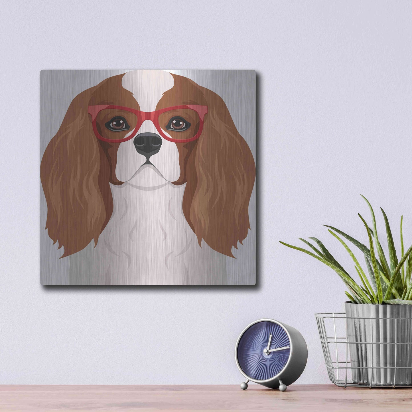 Luxe Metal Art 'Cavalier King Charles Spaniel Wearing Hipster Glasses' by Furbaby Affiliates, Metal Wall Art,12x12
