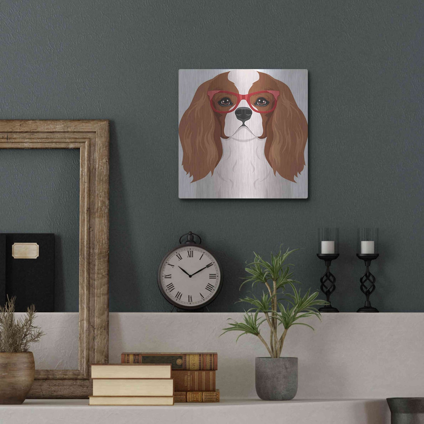 Luxe Metal Art 'Cavalier King Charles Spaniel Wearing Hipster Glasses' by Furbaby Affiliates, Metal Wall Art,12x12