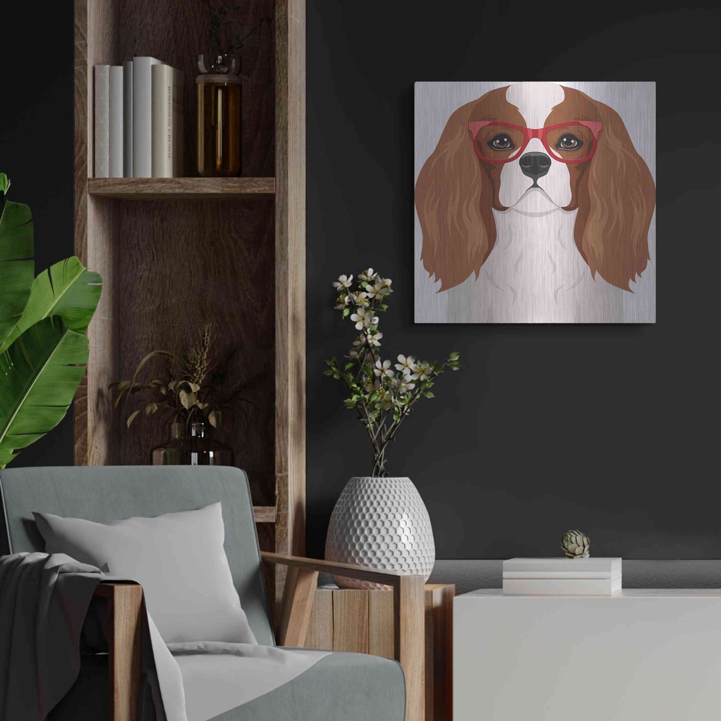 Luxe Metal Art 'Cavalier King Charles Spaniel Wearing Hipster Glasses' by Furbaby Affiliates, Metal Wall Art,24x24