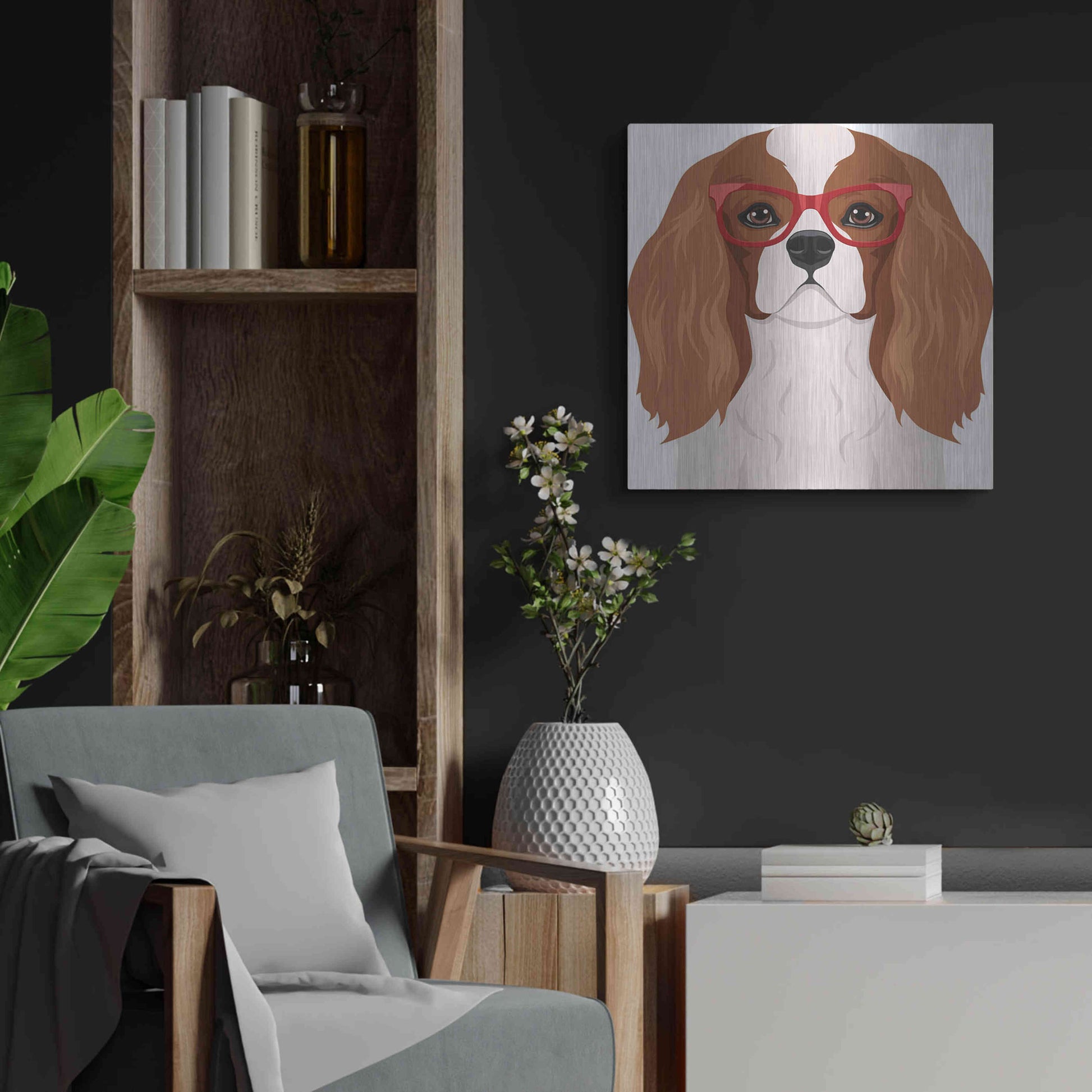 Luxe Metal Art 'Cavalier King Charles Spaniel Wearing Hipster Glasses' by Furbaby Affiliates, Metal Wall Art,24x24