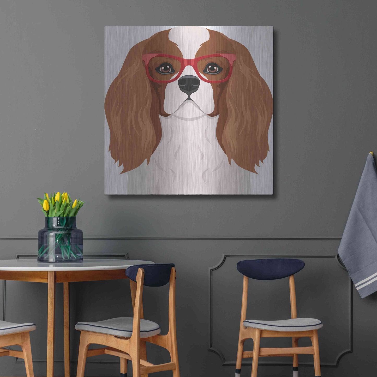 Luxe Metal Art 'Cavalier King Charles Spaniel Wearing Hipster Glasses' by Furbaby Affiliates, Metal Wall Art,36x36
