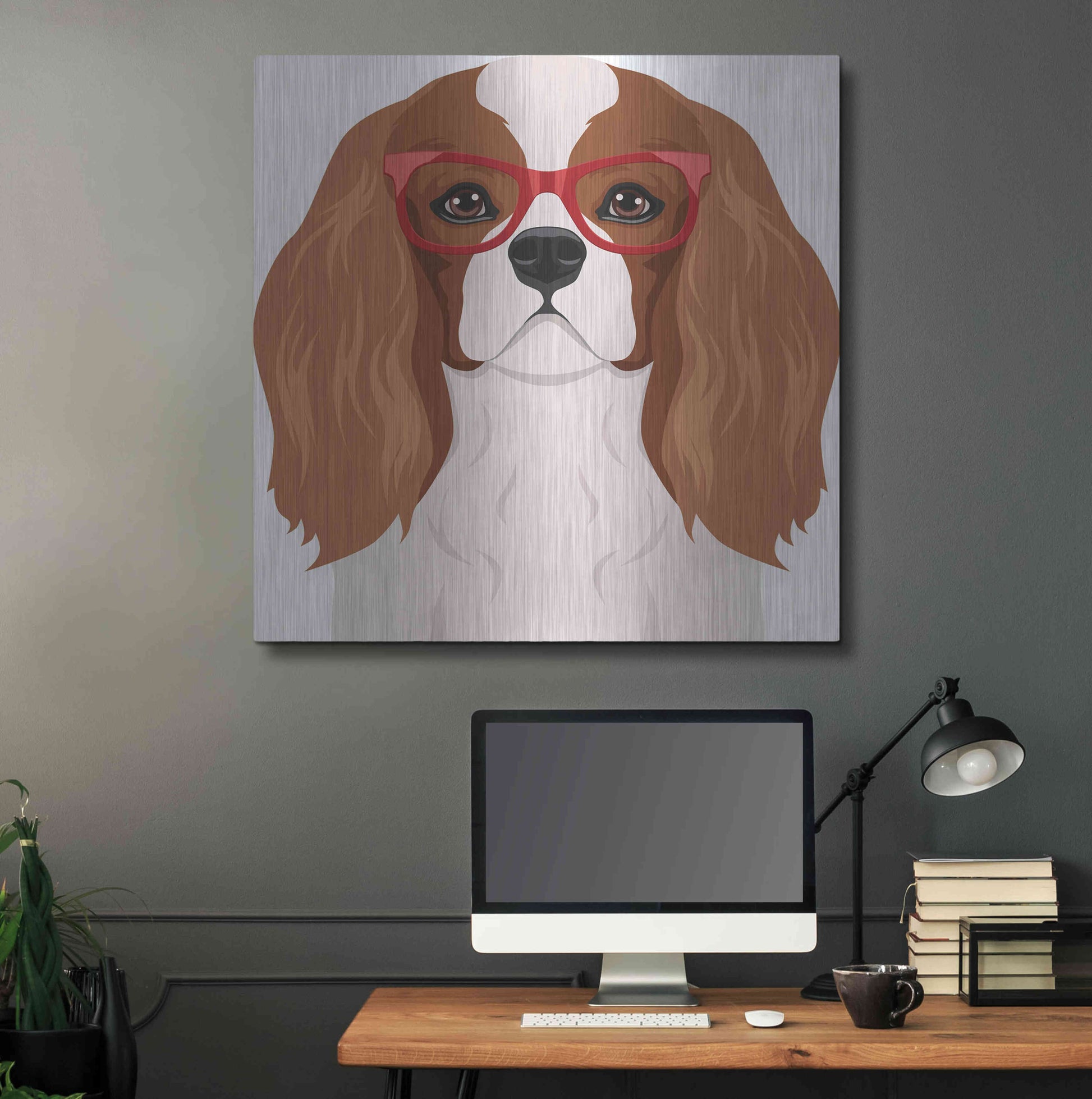 Luxe Metal Art 'Cavalier King Charles Spaniel Wearing Hipster Glasses' by Furbaby Affiliates, Metal Wall Art,36x36