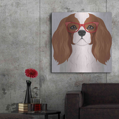 Luxe Metal Art 'Cavalier King Charles Spaniel Wearing Hipster Glasses' by Furbaby Affiliates, Metal Wall Art,36x36