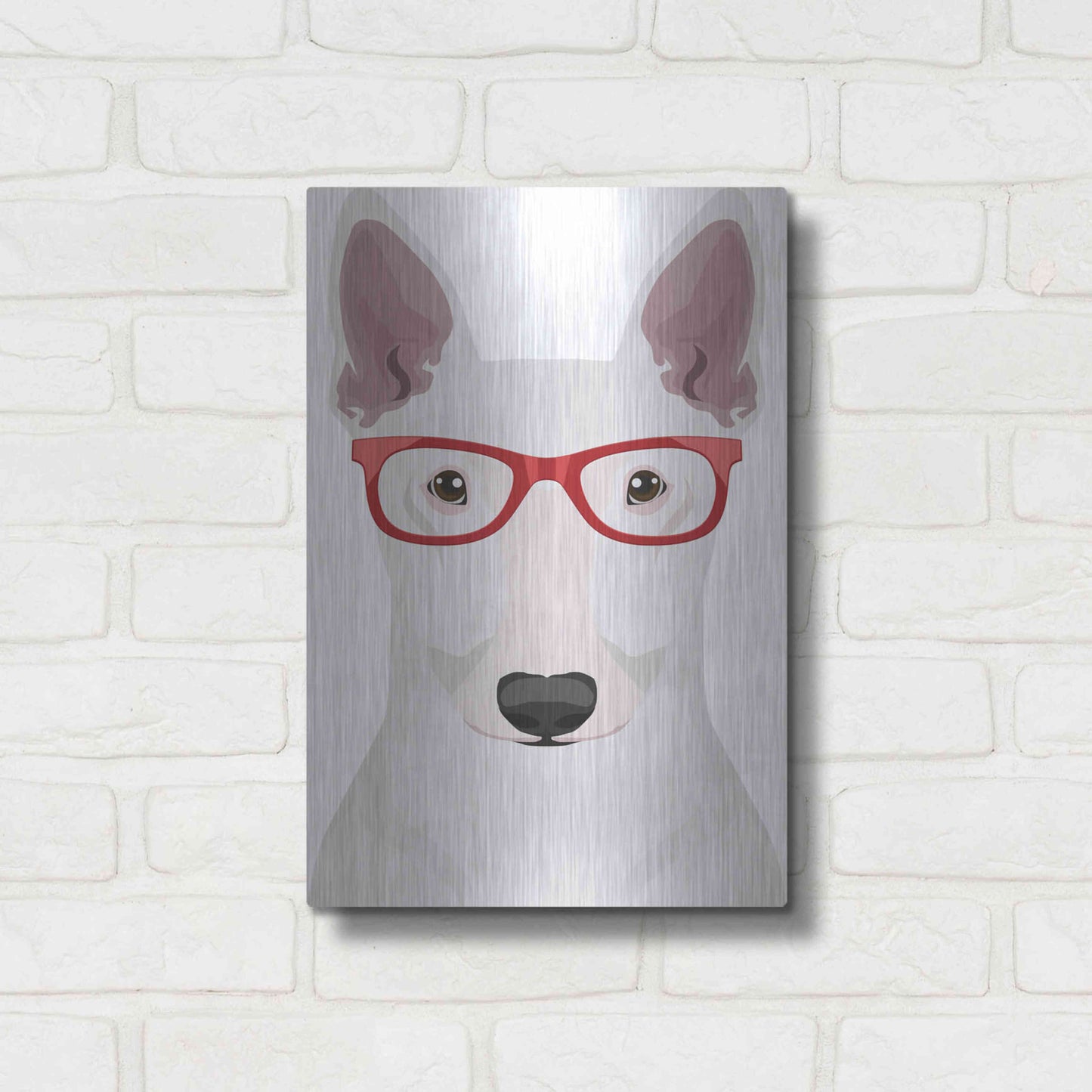 Luxe Metal Art 'Bull Terrier Wearing Hipster Glasses' by Furbaby Affiliates, Metal Wall Art,12x16