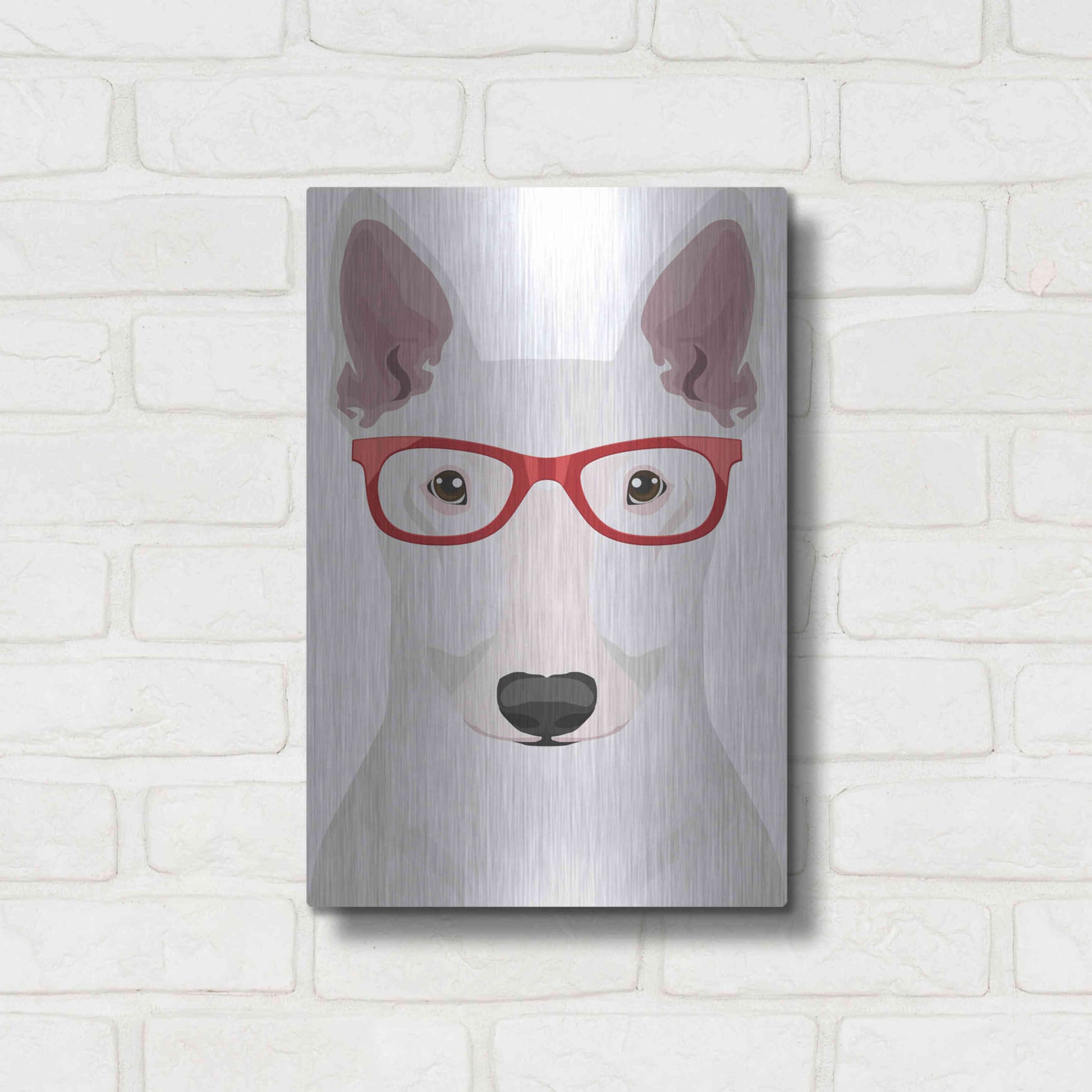 Luxe Metal Art 'Bull Terrier Wearing Hipster Glasses' by Furbaby Affiliates, Metal Wall Art,12x16