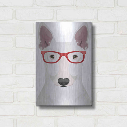 Luxe Metal Art 'Bull Terrier Wearing Hipster Glasses' by Furbaby Affiliates, Metal Wall Art,12x16