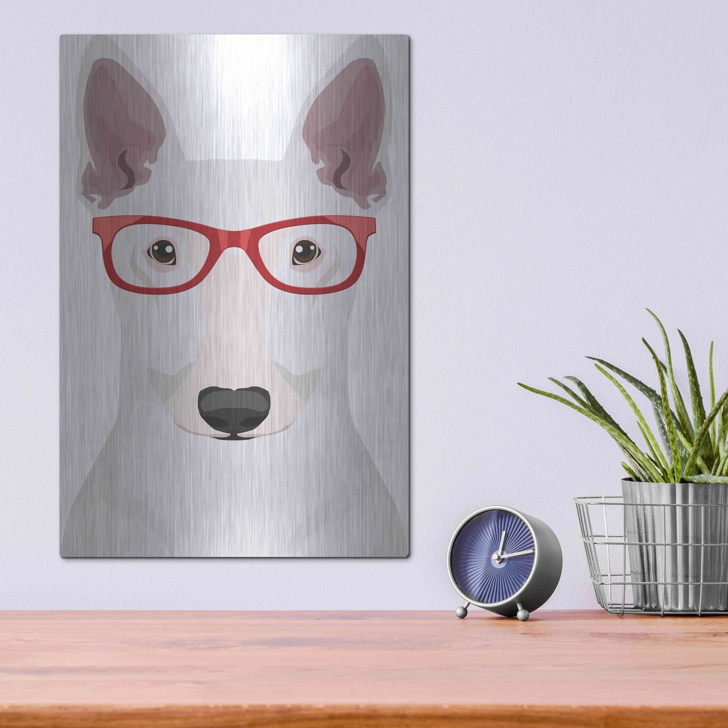 Luxe Metal Art 'Bull Terrier Wearing Hipster Glasses' by Furbaby Affiliates, Metal Wall Art,12x16