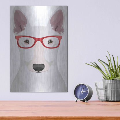 Luxe Metal Art 'Bull Terrier Wearing Hipster Glasses' by Furbaby Affiliates, Metal Wall Art,12x16