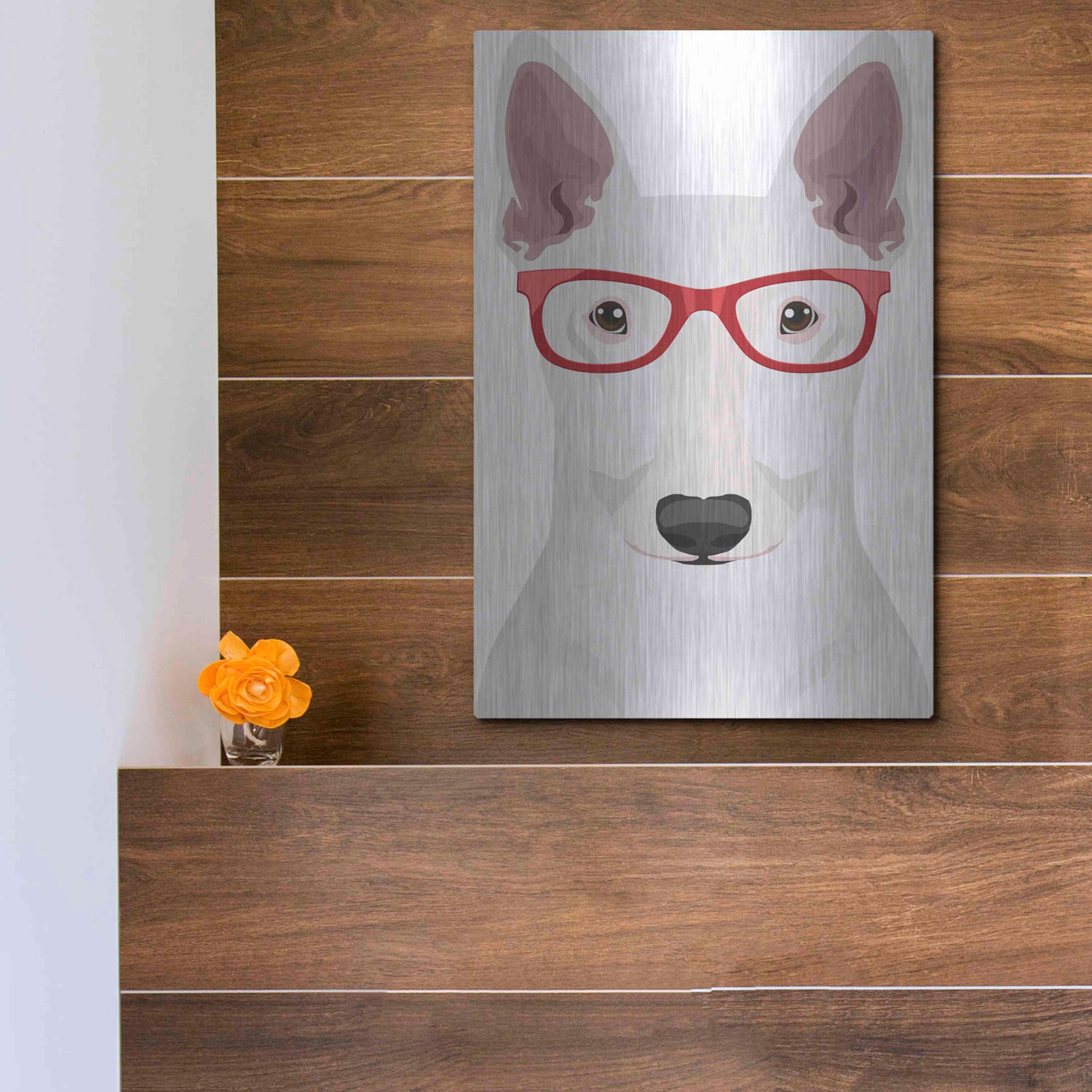Luxe Metal Art 'Bull Terrier Wearing Hipster Glasses' by Furbaby Affiliates, Metal Wall Art,12x16