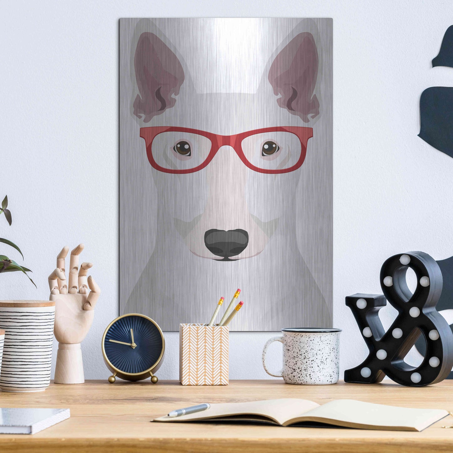 Luxe Metal Art 'Bull Terrier Wearing Hipster Glasses' by Furbaby Affiliates, Metal Wall Art,12x16