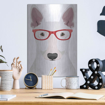 Luxe Metal Art 'Bull Terrier Wearing Hipster Glasses' by Furbaby Affiliates, Metal Wall Art,12x16
