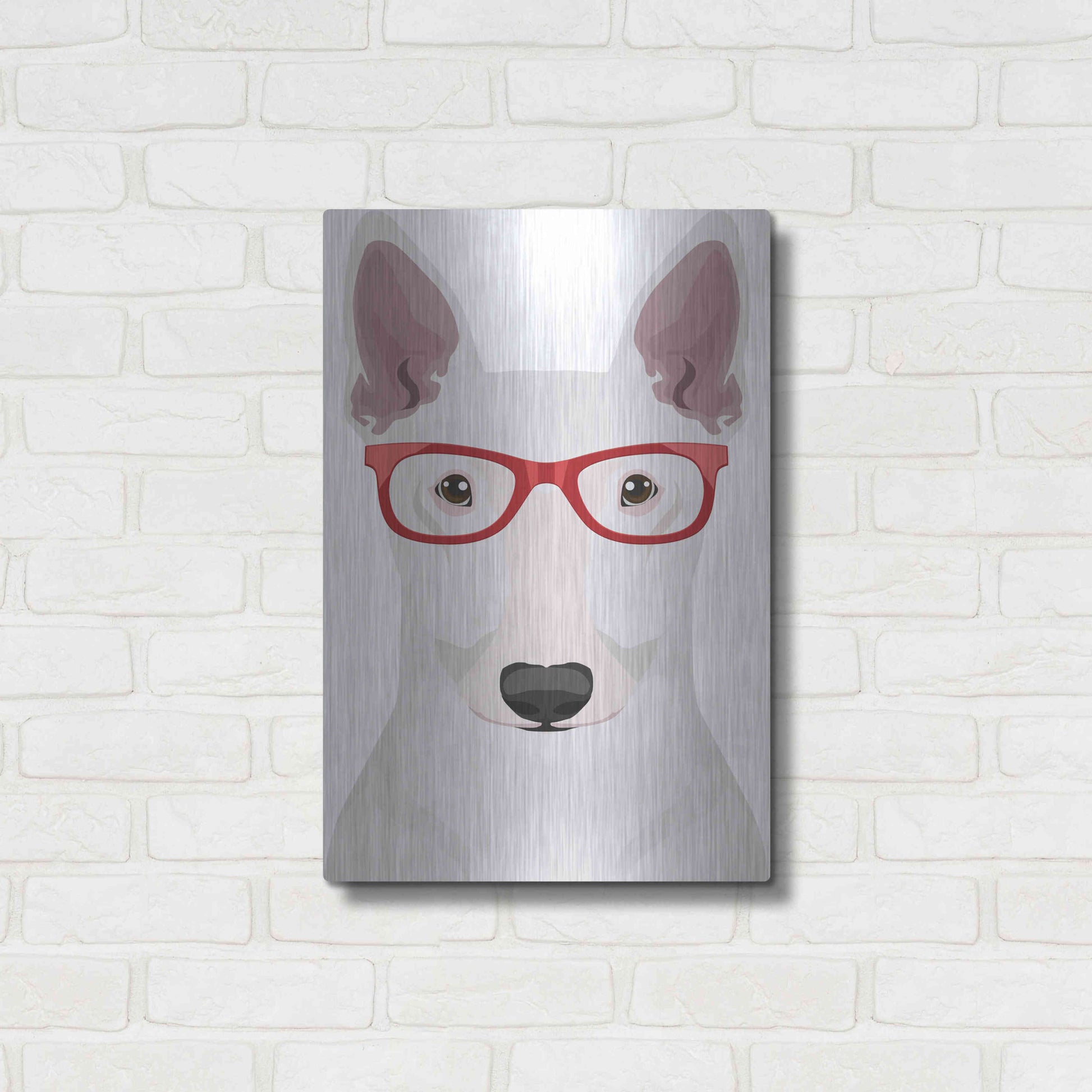 Luxe Metal Art 'Bull Terrier Wearing Hipster Glasses' by Furbaby Affiliates, Metal Wall Art,16x24