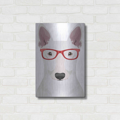 Luxe Metal Art 'Bull Terrier Wearing Hipster Glasses' by Furbaby Affiliates, Metal Wall Art,16x24