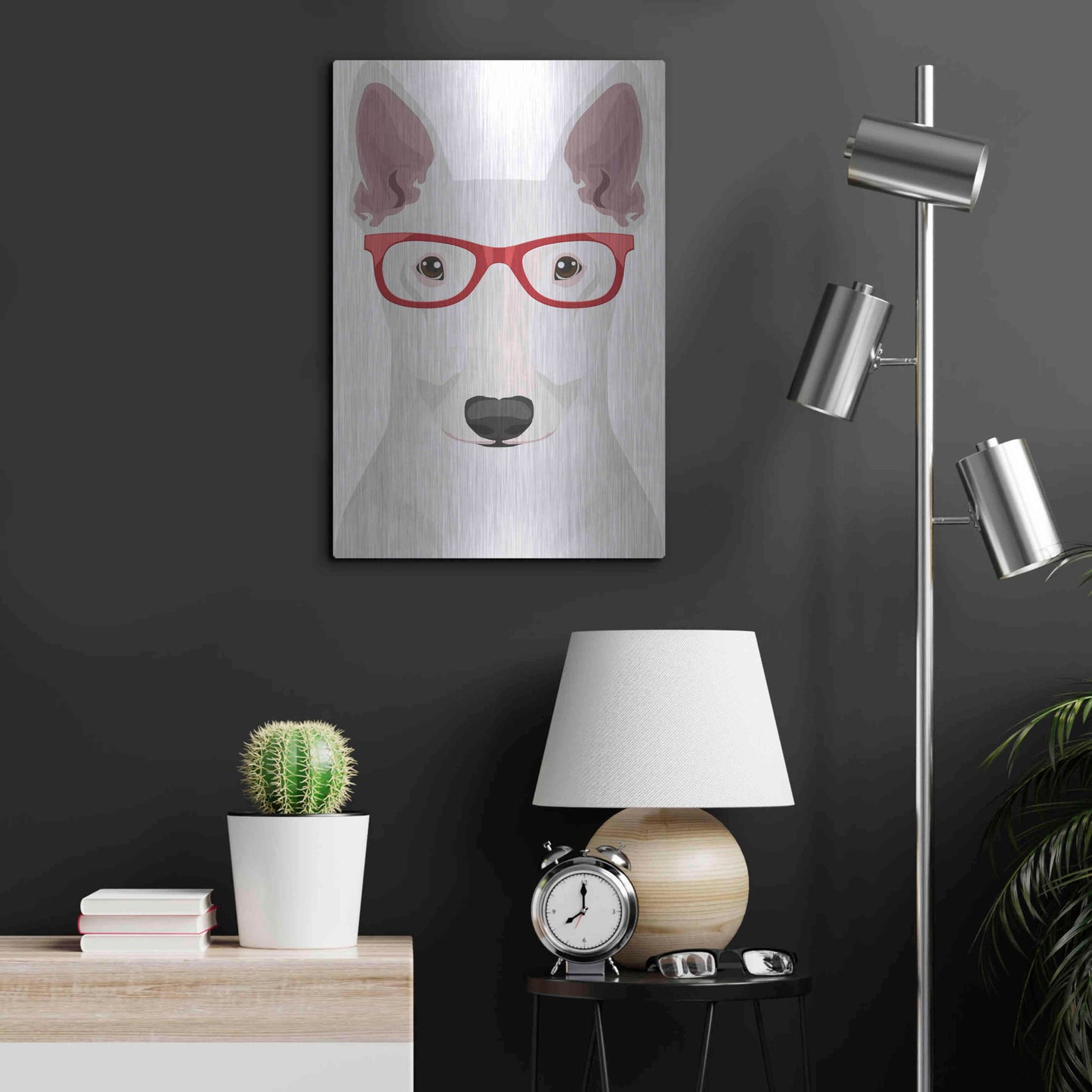 Luxe Metal Art 'Bull Terrier Wearing Hipster Glasses' by Furbaby Affiliates, Metal Wall Art,16x24