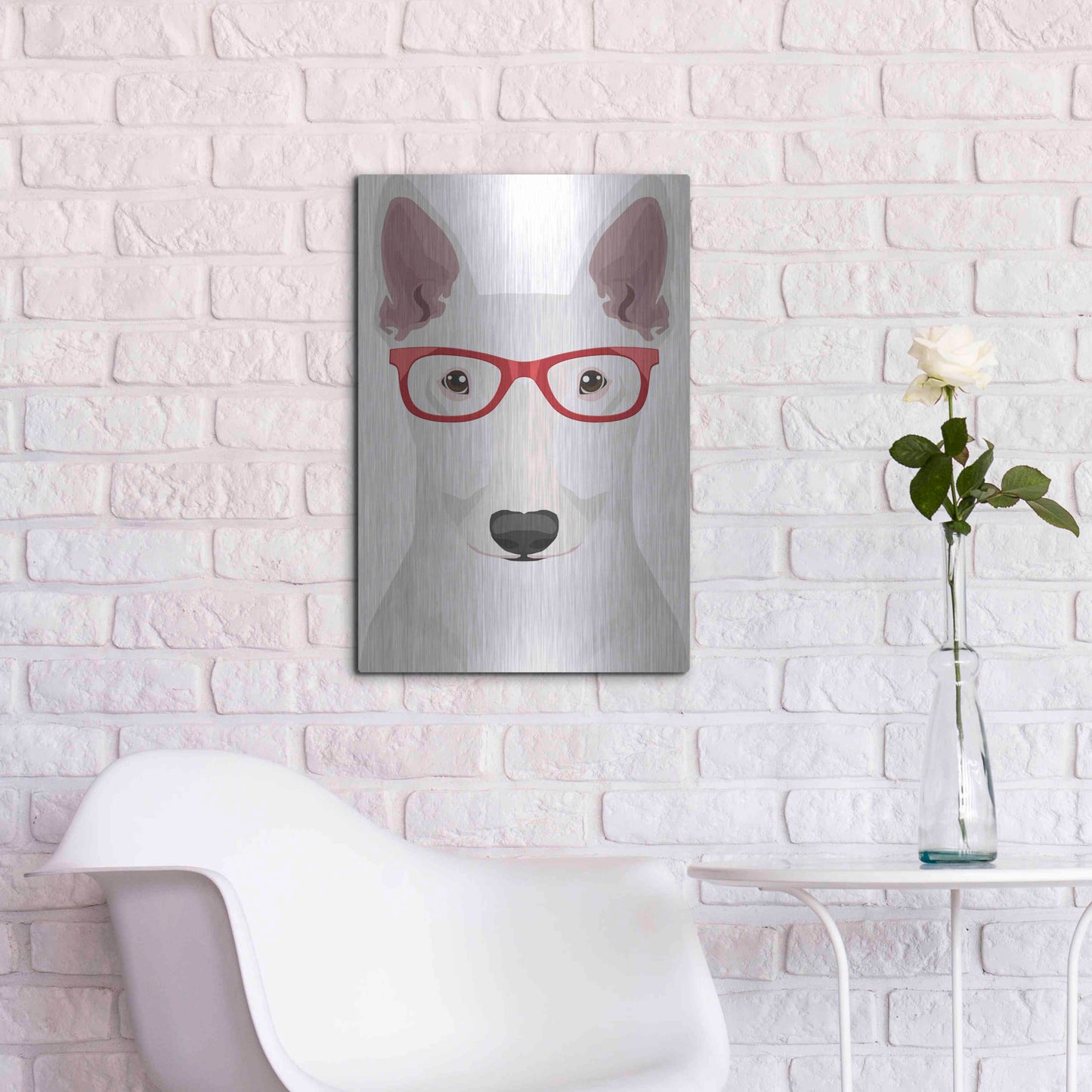 Luxe Metal Art 'Bull Terrier Wearing Hipster Glasses' by Furbaby Affiliates, Metal Wall Art,16x24