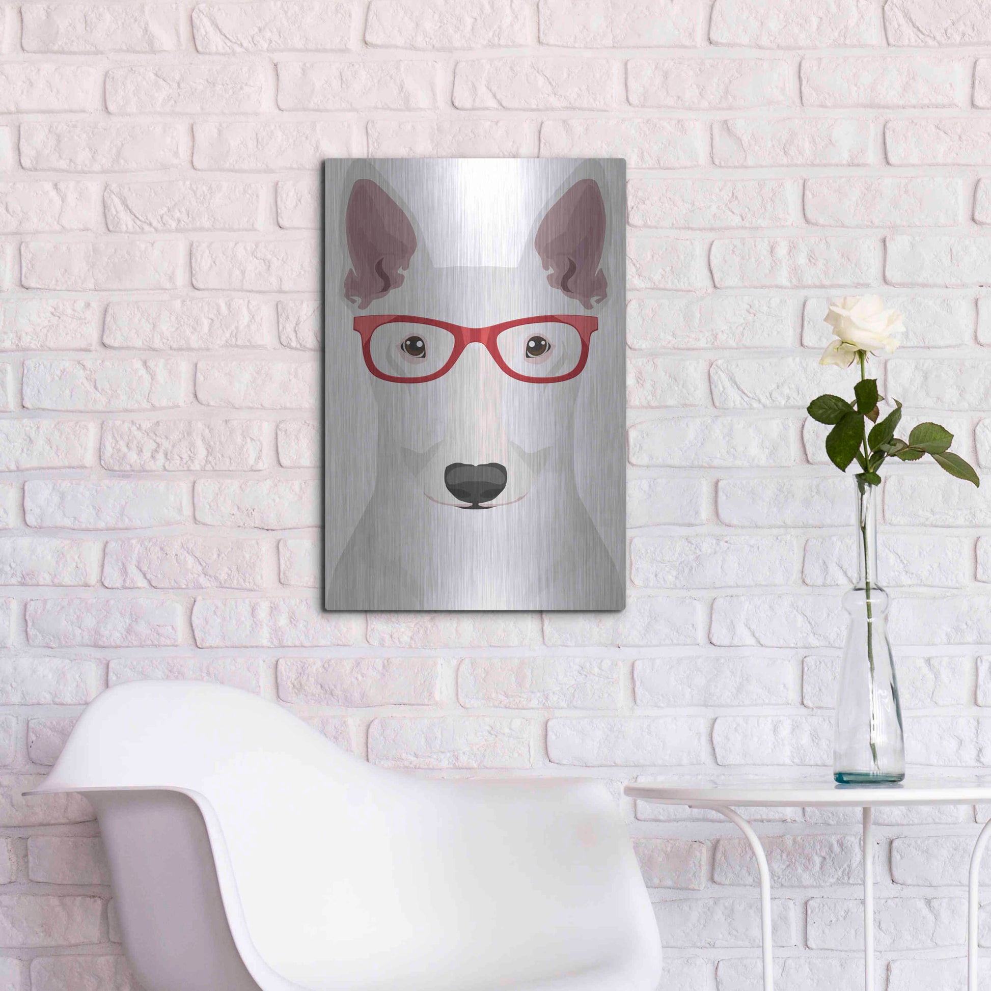 Luxe Metal Art 'Bull Terrier Wearing Hipster Glasses' by Furbaby Affiliates, Metal Wall Art,16x24
