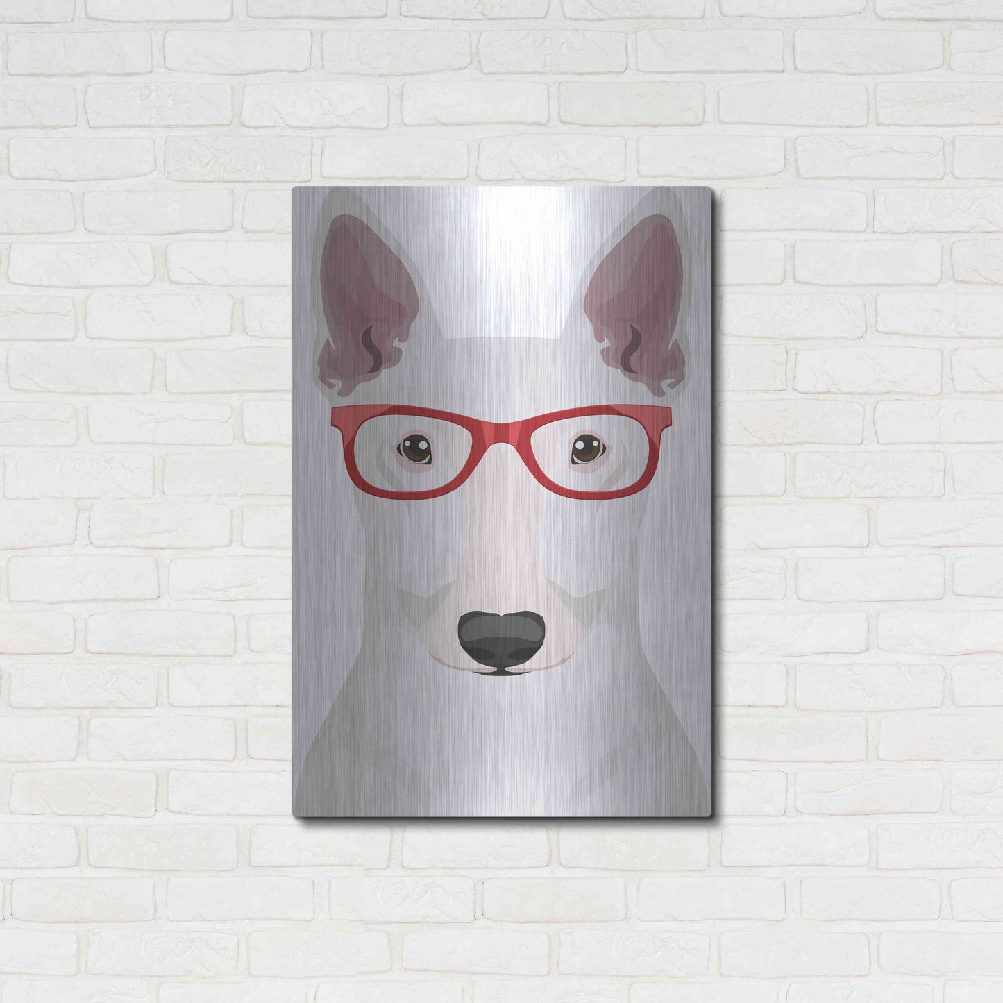 Luxe Metal Art 'Bull Terrier Wearing Hipster Glasses' by Furbaby Affiliates, Metal Wall Art,24x36
