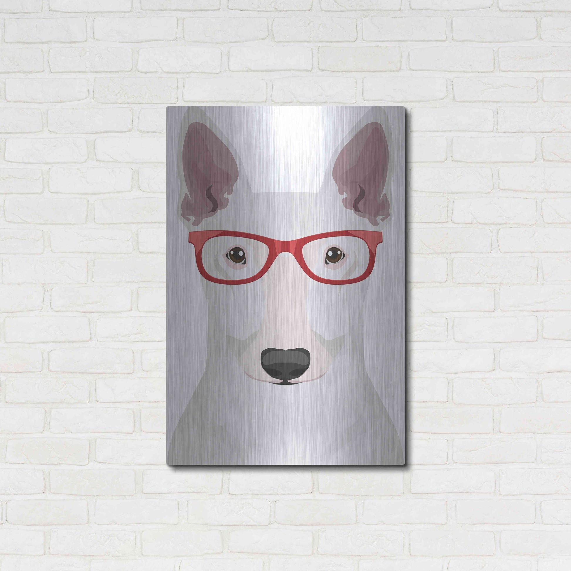 Luxe Metal Art 'Bull Terrier Wearing Hipster Glasses' by Furbaby Affiliates, Metal Wall Art,24x36
