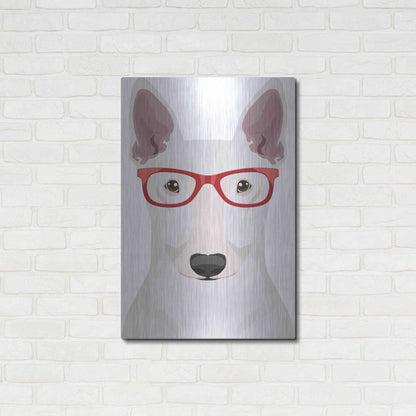 Luxe Metal Art 'Bull Terrier Wearing Hipster Glasses' by Furbaby Affiliates, Metal Wall Art,24x36