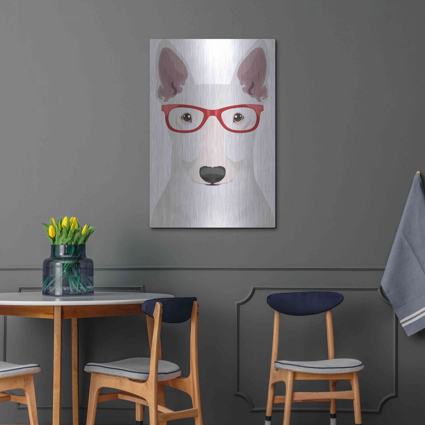Luxe Metal Art 'Bull Terrier Wearing Hipster Glasses' by Furbaby Affiliates, Metal Wall Art,24x36