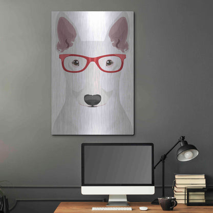 Luxe Metal Art 'Bull Terrier Wearing Hipster Glasses' by Furbaby Affiliates, Metal Wall Art,24x36