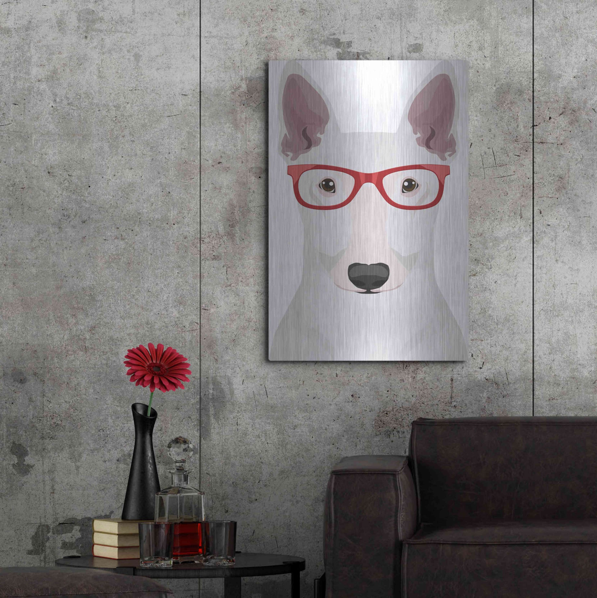 Luxe Metal Art 'Bull Terrier Wearing Hipster Glasses' by Furbaby Affiliates, Metal Wall Art,24x36