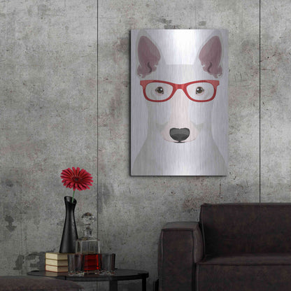 Luxe Metal Art 'Bull Terrier Wearing Hipster Glasses' by Furbaby Affiliates, Metal Wall Art,24x36