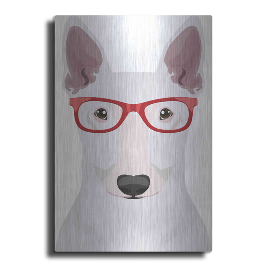 Luxe Metal Art 'Bull Terrier Wearing Hipster Glasses' by Furbaby Affiliates, Metal Wall Art