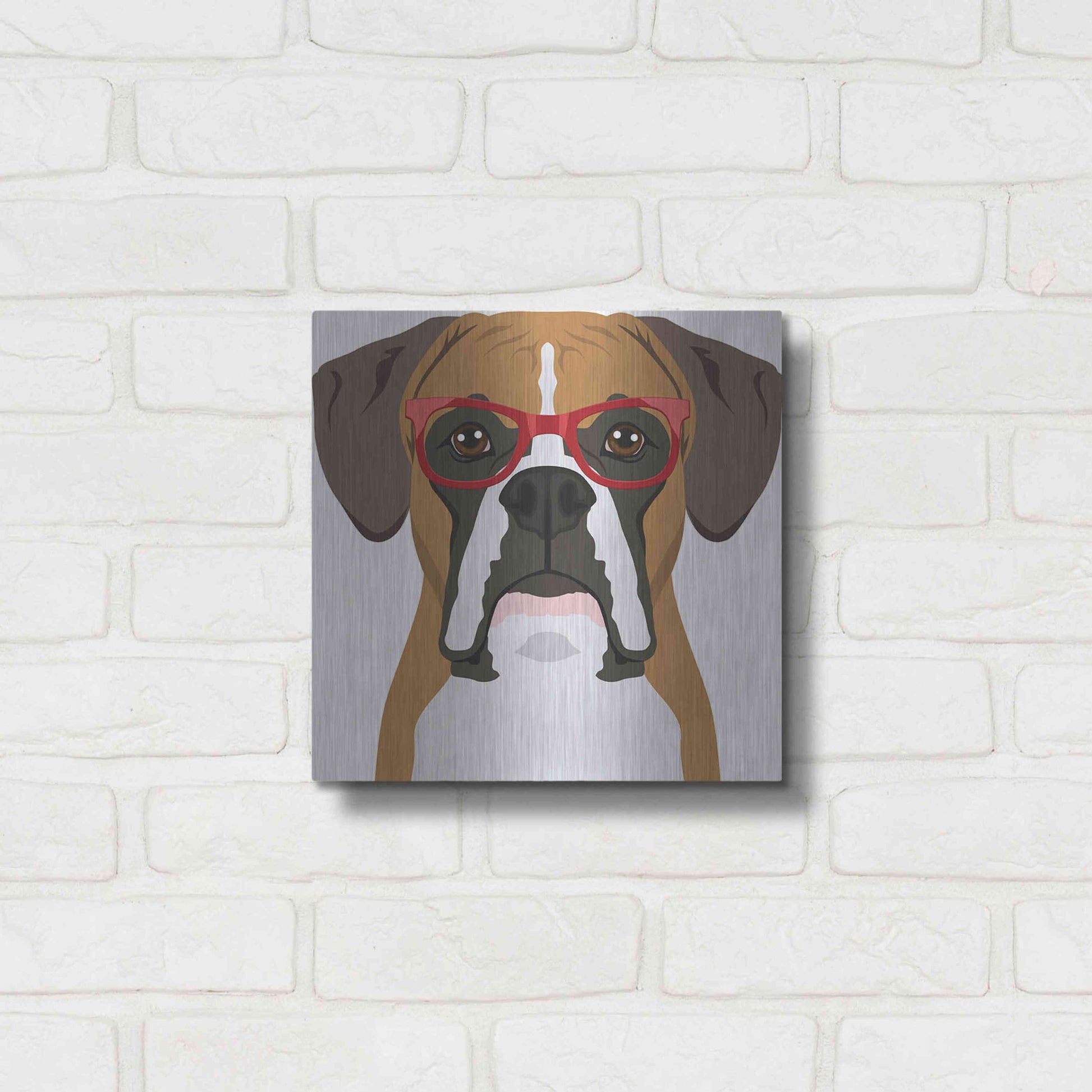 Luxe Metal Art 'Boxer Wearing Hipster Glasses' by Furbaby Affiliates, Metal Wall Art,12x12