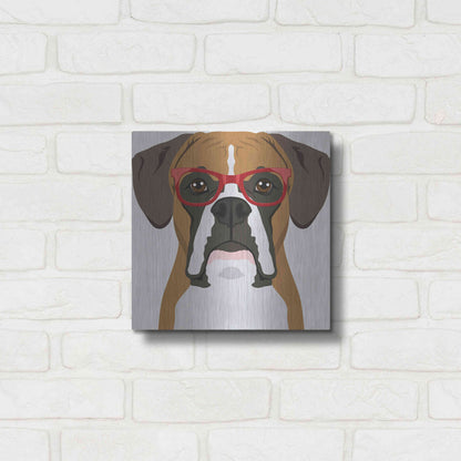 Luxe Metal Art 'Boxer Wearing Hipster Glasses' by Furbaby Affiliates, Metal Wall Art,12x12