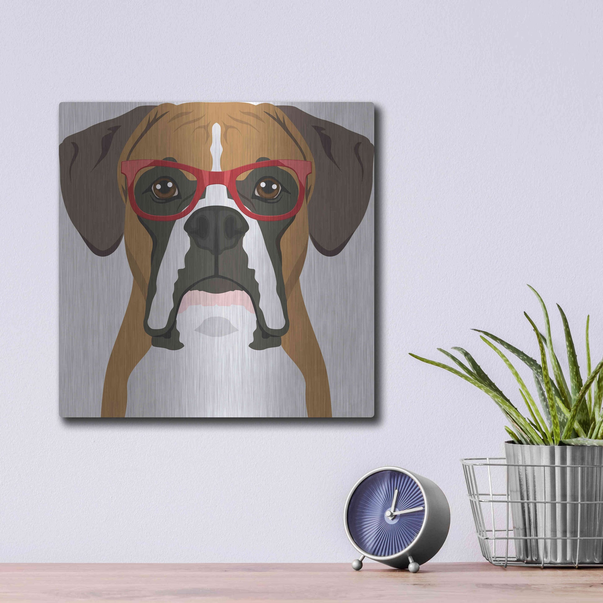 Luxe Metal Art 'Boxer Wearing Hipster Glasses' by Furbaby Affiliates, Metal Wall Art,12x12